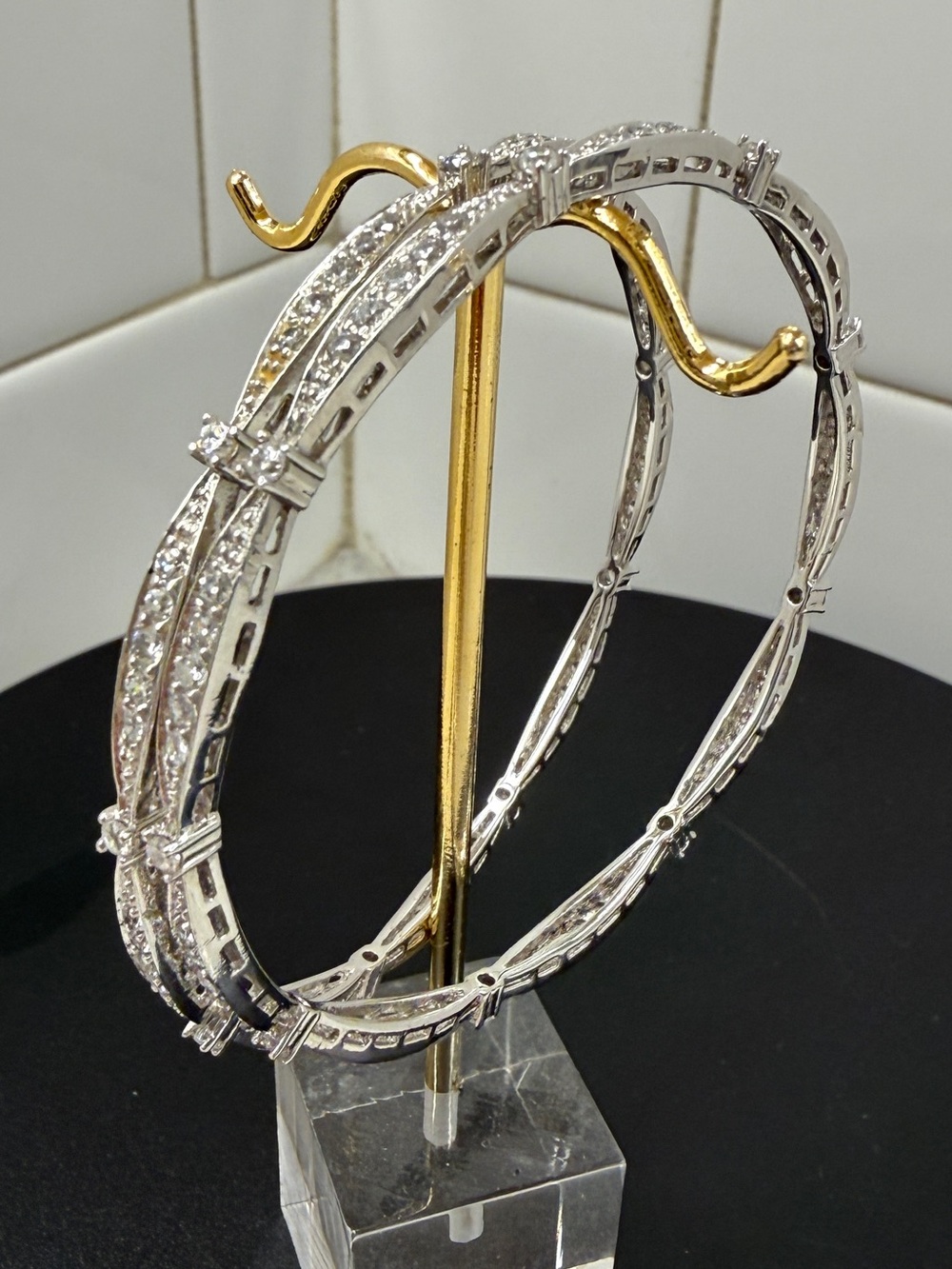 Set of 2 Silver Tone Crystal Pavé Bangle Bracelets 7.5"